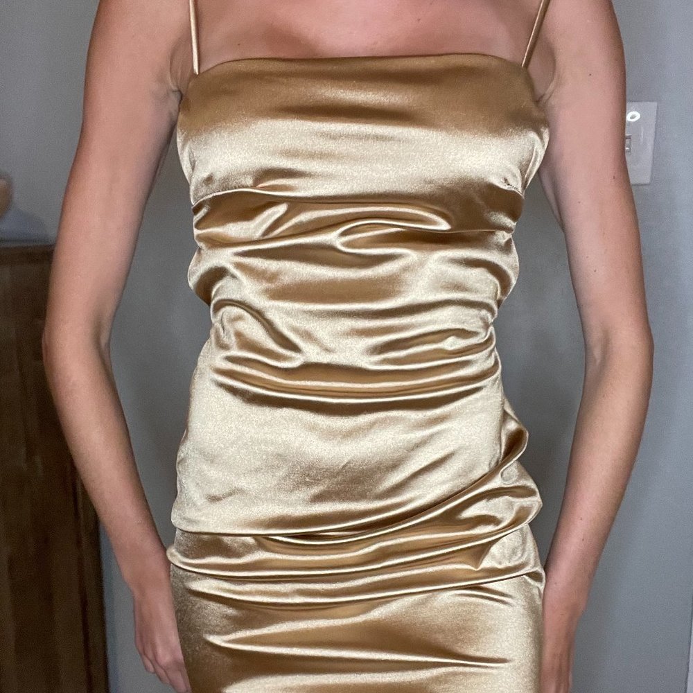 New gold club mini dress, shiny material, backless, bodycon, size S